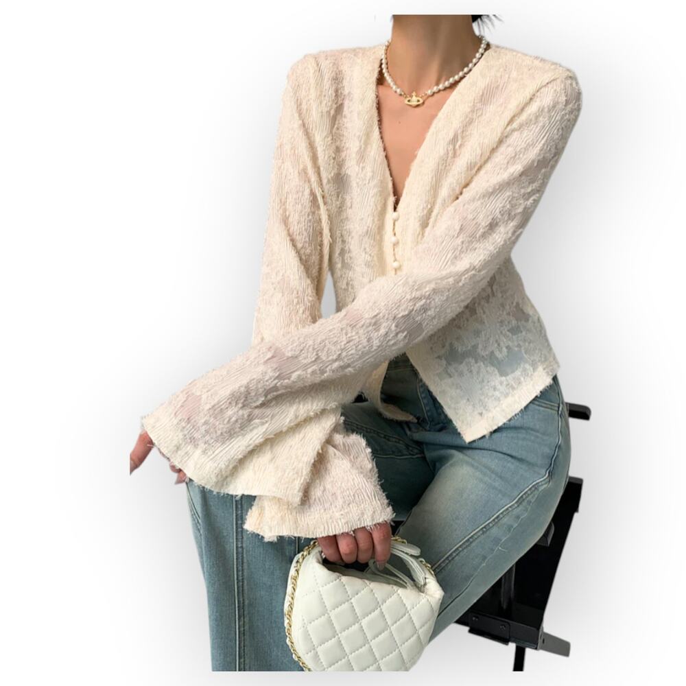 Commense Cream Textured Lacy Blouse Sz XS V Neck Long Sleeve Parisian Chic - Picture 6 of 9